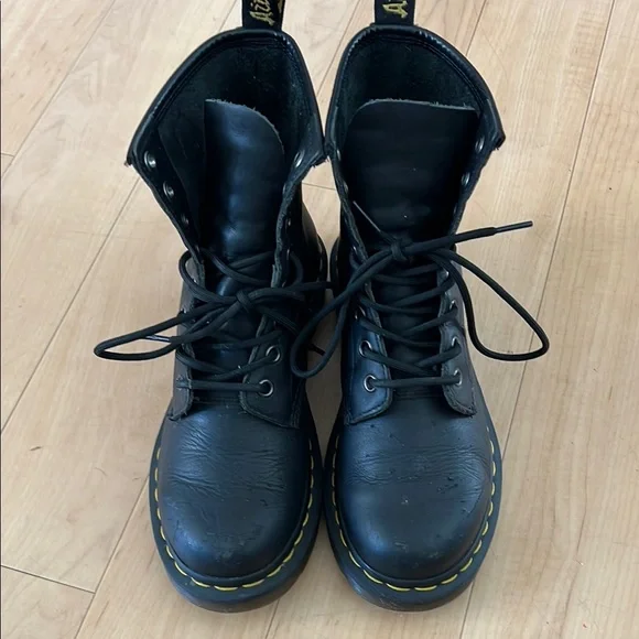Dr. Martens Black and Yellow Combat Boots with Chunky Sole - Picture 3 of 16